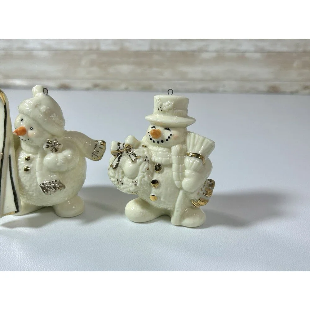 Vtg Porcelain Jade Snowman Ornaments Set Of 2 Ski Broom White Gold Color Accent